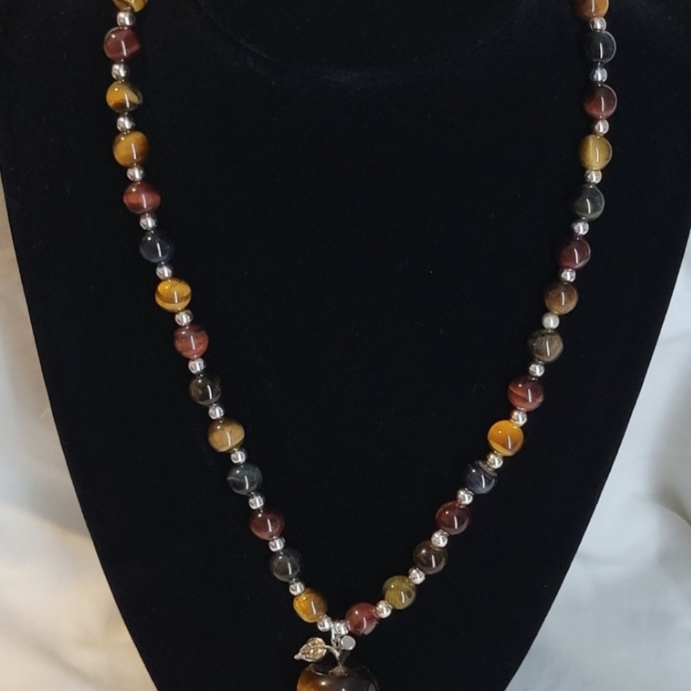 Tiger Eye And Silver Necklace W/Apple-handmade.